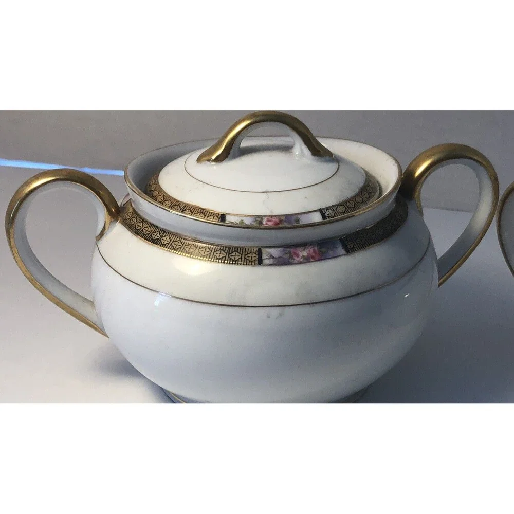 Vtg. Set Noritake Sugar Bowl With Lid & Creamer Japan Pink Rose Green Mark